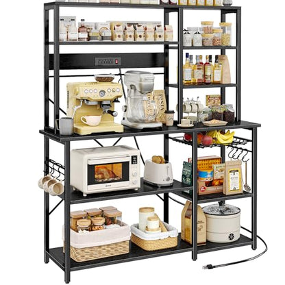 SUPERJARE Larger Bakers Rack with Power Outlets, 6-Tier Microwave Stand, Coffee Bar with 12 S-Shaped Hooks, Kitchen Shelf with Wire Basket, 47.2 x 15.5X 66.9 Inches, Black - color: Black, size: 47.2inch