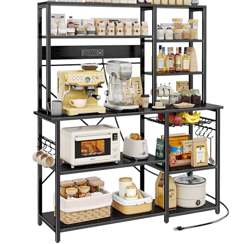 SUPERJARE Larger Bakers Rack with Power Outlets, 6-Tier Microwave Stand, Coffee Bar with 12 S-Shaped Hooks, Kitchen Shelf with Wire Basket, 47.2 x 15.5X 66.9 Inches, Black - color: Black, size: 47.2inch