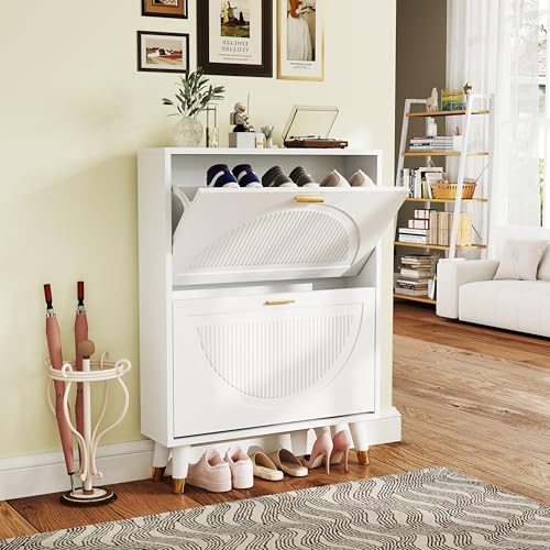 White Shoe Storage Cabinet: 24" Ultra Thin Small Shoe Cabinet for Entryway, Modern Slim and Narrow Hidden Shoes Rack Organizer with Doors and 2 Flip Drawer (1 Piece, 25") - size: 25"