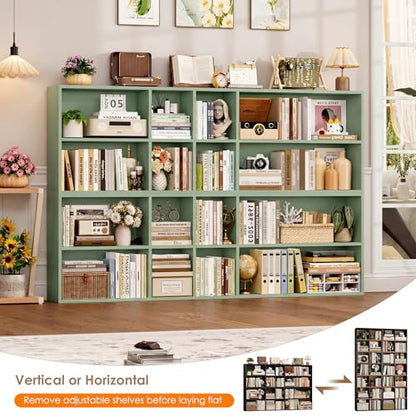FOTOSOK 71'' Tall Bookshelf with 14 Cubes, 7 Tier Double Wide Bookshelf with 6 Adjustable Shelves, 19.6" Narrow Bookcase DVD/CD Media Storage Shelf, Space Saving Display Shelf Cabinet, Green - color: Green
