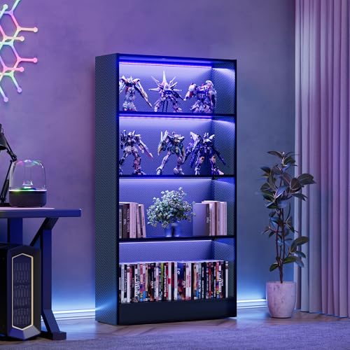 CODACE Tall Wooden 4-Tier Black Bookshelf - Display Cabinet with LED Lights | Lighted Book Shelves, Display Case for Collectibles, Manga ,Figures, Modern Bookcase for Bedroom, Living Room, Gaming room - size: 4 Tiers - 10.2"D x 27.6"W x 59.1"H