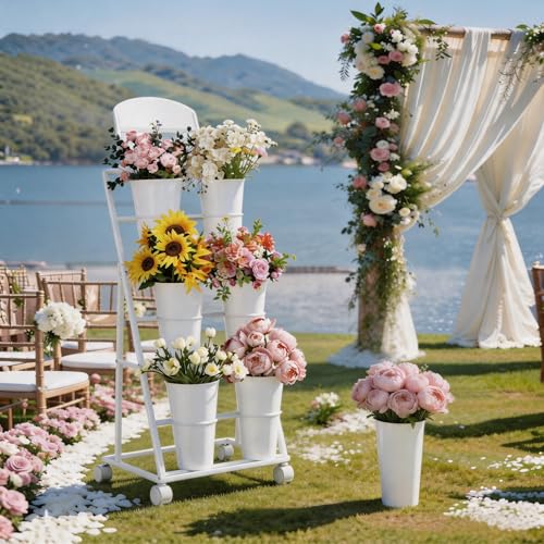 Flower display stand, three tiers with six vases, suitable for flower bars and indoor/outdoor celebrations. The flower cart display stand comes with a chalkboard and wheels (white). - color: White