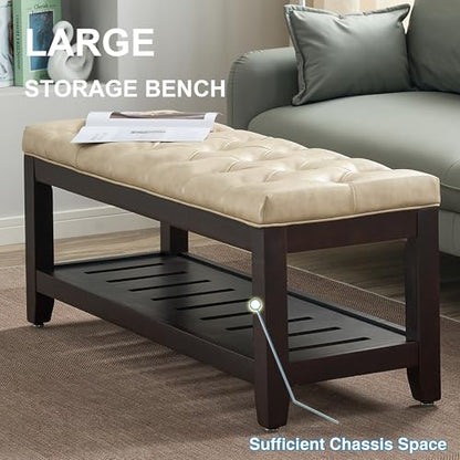 44" Entryway Bench with Shoe Storage, End of Bed Bench, Upholstered Ottoman Storage, 500 LBS Capacity for Entryway, Living Room, Hallway - color: Beige(pu)-1