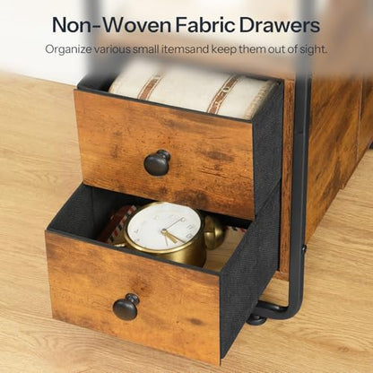 HOOBRO Narrow Nightstand with Charging Station & LED Lights, Narrow Side Table with Fabric Drawer, Open Shelves, Slim End Table for Living Room, Bedroom, Rustic Brown and Black BF430UDBZ01 - color: Rustic Brown + Black