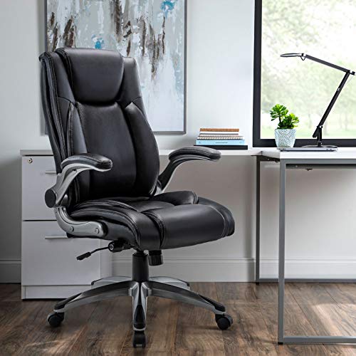 COLAMY Office Desk Chair, Ergonomic Computer Chair with Padded Flip-Up Arms and Thick Cushion, Leather Office Chair with High Back Adjustable Height and Tilt for Working for Working, Study, Gaming - color: 287-black, size: 1PC