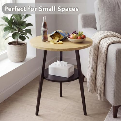 Small Round Side Table, End Tables Living Room, Oak | 2-Tier Side Table with Storage Shelf for Small Spaces, Bedside Accent Table for Living Room, Bedroom, Metal Frame & Wood Top - color: Oak