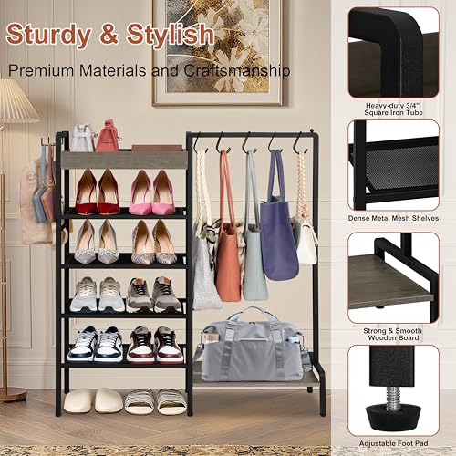 2-in-1 Shoe and Purse Rack, 5-Tier Shoe Rack with Wooden Tray & 7 Hooks, Industrial Metal Shoe Shelf with Removable Shelves for Entryway, Front Door Entrance, Closet, Boot Storage, Black - color: Black With Grey