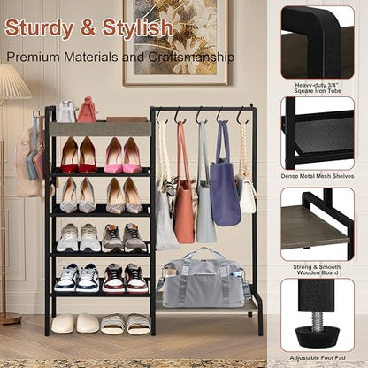2-in-1 Shoe and Purse Rack, 5-Tier Shoe Rack with Wooden Tray & 7 Hooks, Industrial Metal Shoe Shelf with Removable Shelves for Entryway, Front Door Entrance, Closet, Boot Storage, Black - color: Black With Grey