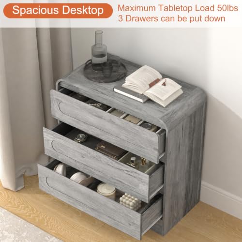 32" Large Nightstand, 3 Drawer Nightstand with Spacious Drawers | Pre-Installed Slides, Wood Bedside Table, Modern End Table, Curved Night stand for Bedroom Sofa Couch Office, Grey - color: Grey, size: 3 Drawer
