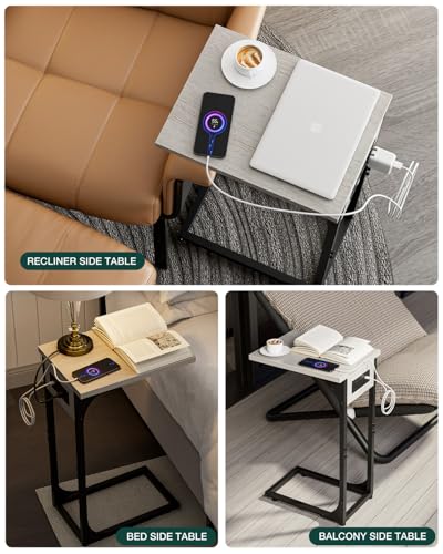C-Shaped Side Table for Couch - Small Coffee Stand Sofa Tray Desk with Metal Frame Waterproof Scratch Resistant Wood Top and Built-in Charging Station, Greige - color: Greige, size: 1-Pack, style: Includes Power Outlets