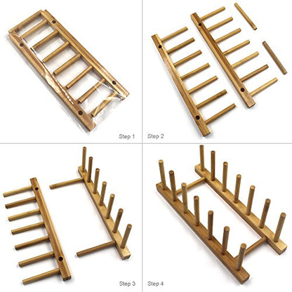 Bamboo Wooden Plate Racks Dish display Holder Kitchen Storage, Pack of 4 | Cabinet Organizer for Dish / Plate / Bowl / Cup / Pot Lid / Cutting Board/ Book (vertical) - size: Pack of 4