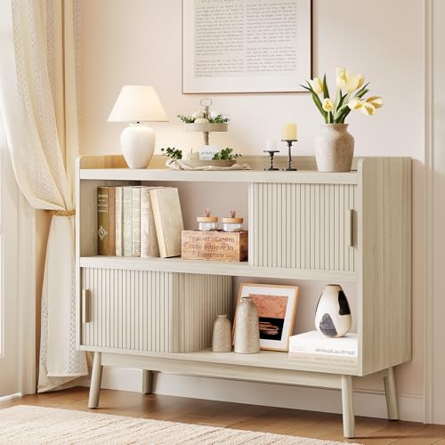 ONBRILL 44" Sideboard Buffet Cabinet with Outlet & 2 Open Storage Spaces, Fluted Sideboard Cabinet with Sliding Door & Adjustable Shelves, Mid-Century Accent Coffee Bar Console Table with Wooden Feet - color: Natural White, size: 44"