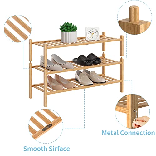 RONGJlA 3 Tier Bamboo Shoe Rack for Closet Free Standing Wood Shoe Shelf Storage Organizer for Entryway Small Space Stackable, Natural