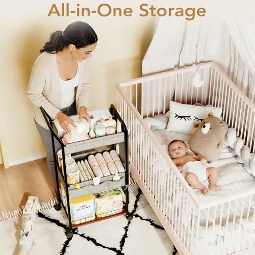 BBLIKE 3-Tier Diaper Caddy Organizer - Rolling Utility Baby Cart with Basket and Side Pockets for Nursery and Baby Essentials, Multi-Function Cart for Bedroom and Bathroom,Gray - style: Basket-Grey