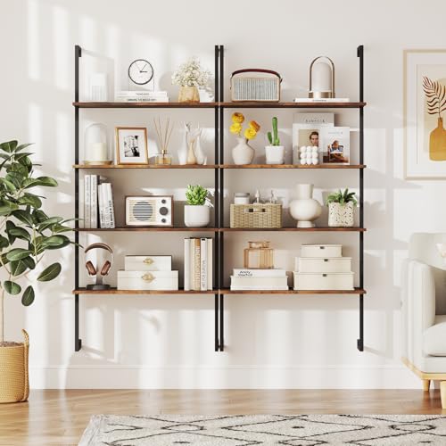 Tangkula 4-Tier Wall-Mounted Bookshelf, Industrial Floating Storage Display Shelves with Metal Frame, Wall-Mounted Ladder Wooden Bookcase for Living Room, Kitchen, Bar, Office (1, Brown) - color: Brown