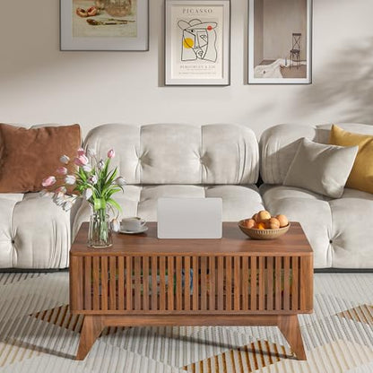 Lift Top Coffee Table with Hidden Compartment, Mid Century Modern Coffee Table for Living Room, Fluted Design Farmhouse Center Table with Storage (Walnut, 35.4" W) - color: Walnut
