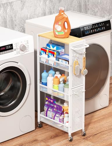 Utility Slim Storage Cart 4 Tier Small Rolling Kitchen Laundry Room Organization Cart with Wood Top Metal Narrow Laundry Room Shelves Cabinet Unit Laundry Organizer Trolley with Handle for Small space - color: White, size: 7.1 inch wide