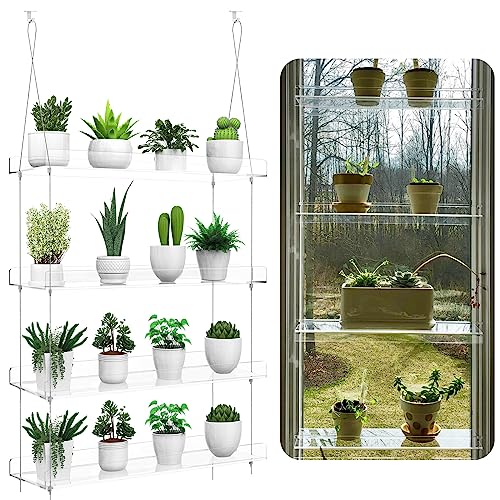 2-Pack Hanging Clear Plant Shelves for Windows, 16 Inch per Tier | Acrylic Window Wall Plant Stand Shelf for Kitchen Indoor Gardens, Flower, Herb, Seedling Organization, and Pots Display. - size: 2 Pack-4 Tier