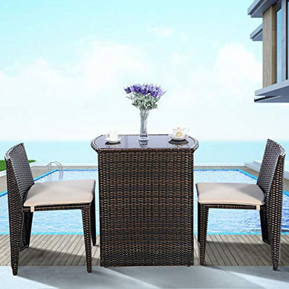 Giantex 3 PCS Cushioned Outdoor Wicker Patio Set Convention Bistro Set Garden Lawn Space Saving Conversation Sofa Furniture No Assembly (Brown) - color: Brown