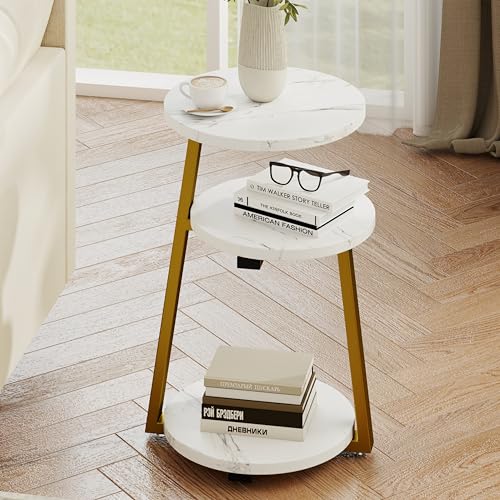 3-Tier Round End Table, Faux Marble Top Side Table with Sturdy Metal Legs, Modern Nightstand for Living Room, Bedroom, Small Spaces (Golden) - color: Golden