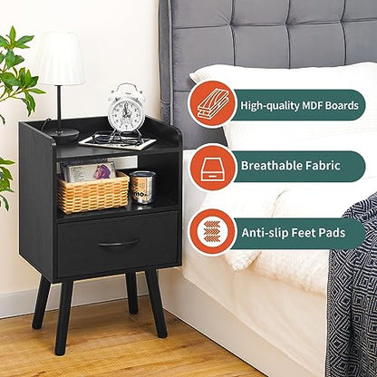 Yoobure Night Stand with Fabric Drawer, Modern Nightstand, Bedside Tables, Mid Century Nightstands with Open Storage Shelf, Wood Bedside Table, Small Night Stands for Bedrooms, 2-Tier Night Table - color: Black