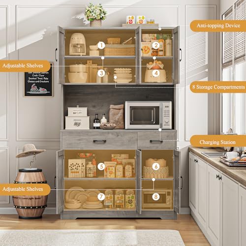 HOSTACK 71" Pantry Cabinet with Charging Station, Tall Kitchen Pantry Storage Cabinet with Microwave Stand, Farmhouse Kitchen Hutch with Storage Drawers for Living Room, Dining Room, Ash Grey - color: Ash Grey