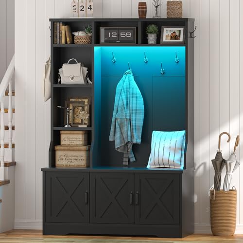 CSZZD Hall Tree with Bench and Shoe Storage, Farmhouse Entryway Bench with Coat Racks and Led Lights, Black Tall Hall Tree with 7 Coat Hooks, 6 Storage Cubbies, Adjustable Shelf - color: Modern Black, size: 39.4"