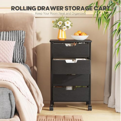 Rolling Cart with Drawers, Wooden Top and Front, with Wheels Metal Under Desk Storage Cart with 4 Drawers, for Office, Bedroom, Classroom, Home, Black - color: Black