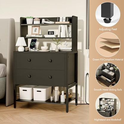 39 Inch Tall Nightstand with 2 Drawers & Charging Station, Black | 4-tier Open Shelves, P2 Particle Board, Steel Frame, 2 AC Outlets, 2 USB Ports, Suitable for Dorm and Apartment - color: Black
