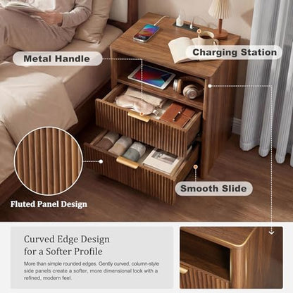 LYNCOHOME 19.7" Fluted Nightstand with Charging Station, 2 Drawer Bedside Table, Modern Night Stand with Curved Edge Design, Wooden End Table for Bedroom, Rounded Night Stand with Storage, Walnut - size: 15"D x 19.7"W x 24.2"H（2 Drawers）