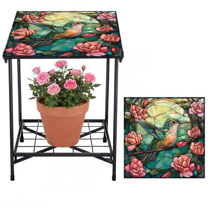 Cinnvoice Outdoor Side Table 2-Tier Storage Square Small Mosaic Patio Accent Indoor End Plant Coffee Tea Table for Yard Patio Porch Garden Living Room, Bedroom(Hummingbird Style) - style: Hummingbird Style