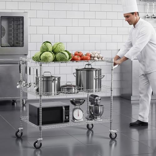 VEVOR Kitchen Utility Cart, 3 Tier Heavy Duty Adjustable Wire Storage Rack, Commercial Steel Rolling Service Trolley on Wheels, Work Table with Handle Bar, for Garage and Laundry Room, 40x25x40.9 in - size: 25"D x 40"W x 40.9"H