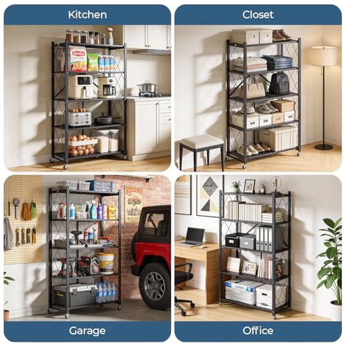Upgraded 18% Thickened Portable 5-Tier Foldable Storage Shelves with Wheels Heavy Duty Storage Shelf Collapsible Shelves Unit Display for Garage Storage Kitchen Pantry & Closet Organizer, Matte Black