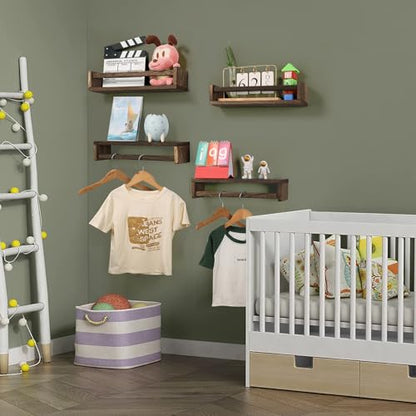 Nursery Room Shelves Set of 4, Wood Floating Book Shelves for Kids Room, Baby Book Shelf for Nursery, Kitchen Spice Rack (Carbonized Brown) - color: Carbonized Brown