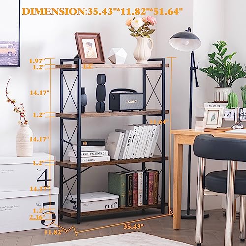 HCHQHS Bookshelf, 4-Tier Industrial Bookcase, Rustic Open Book Shelf, Freestanding Tall Bookshelves with Metal Frame - color: Rustic Brown, size: 4-Tier (35.8"W x 51.2"H)