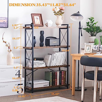HCHQHS Bookshelf, 4-Tier Industrial Bookcase, Rustic Open Book Shelf, Freestanding Tall Bookshelves with Metal Frame - color: Rustic Brown, size: 4-Tier (35.8"W x 51.2"H)