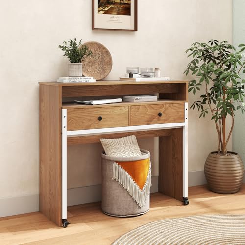 Giantex Small Computer Desk with Hutch & Drawers, Extendable Writing Desk w/Pull Out Secondary Table, Monitor Stand & Rolling Wheels, Console Table, Compact Desk for Small Spaces (Natural) - color: Natural