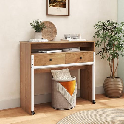 Giantex Small Computer Desk with Hutch & Drawers, Extendable Writing Desk w/Pull Out Secondary Table, Monitor Stand & Rolling Wheels, Console Table, Compact Desk for Small Spaces (Natural) - color: Natural