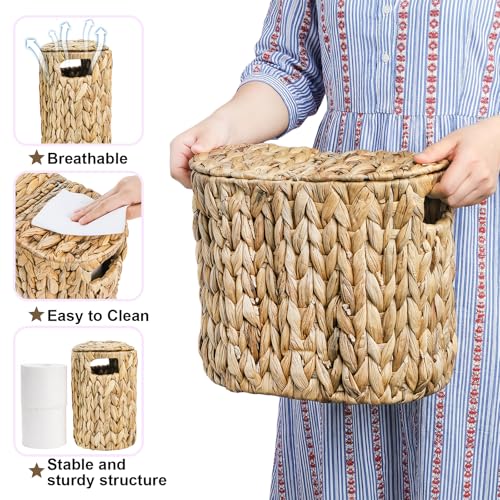 Toilet Paper Basket with Lid, Water Hyacinth 4 Rolls Toilet Paper Storage Basket, Narrow Slim Medium Paper Organizer for Bathroom
