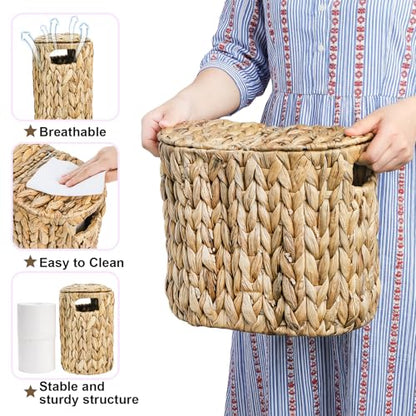Toilet Paper Basket with Lid, Water Hyacinth 4 Rolls Toilet Paper Storage Basket, Narrow Slim Medium Paper Organizer for Bathroom
