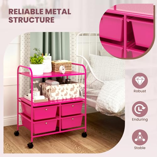 GOFLAME 4-Drawer Rolling Storage Cart with 2 Shelves, Mobile Utility Cart with Removable Drawers and Metal Frame, Art Craft Drawer Cart with Lockable Wheels for Home, Office, School, Studio, Hot Pink - color: Hot Pink
