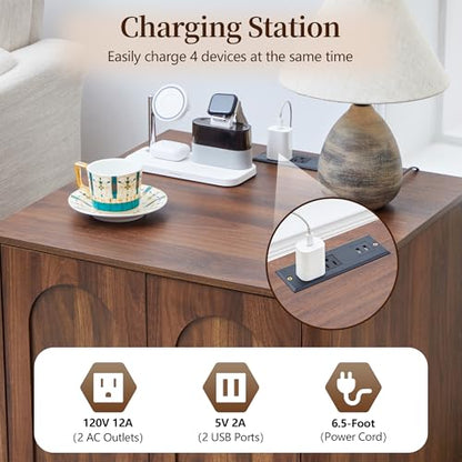Samll Square Side Table with Charging Station, Mid Century Modern Nightstand with Storage for Bedroom Bed, Small Accent Table with Doors for Living Room Couch Sofa Chair, Office Desk - Walnut - size: Walnut-door
