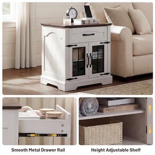 23.6" W Farmhouse End Table with Hidden Charging Station,Farmhouse Side Table with Drawer for Sofa Couch or Bedside, Rustic Nightstand with Storage for Living Room, Bedroom (Off White)