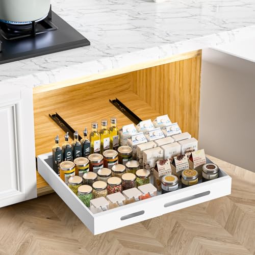 HBL' 1 Pack | 21" Deep Pull Out Cabinet Organizer Adhesive, (13.8" to 22.0") Width Expandable Sturdy Carbon Steel Roll-Out Drawers, Designed for Frameless Cabinets, Slide-Out Shelves for Pantry. - size: 21"D x (13.8" to 22.0)"W x 3.1"H