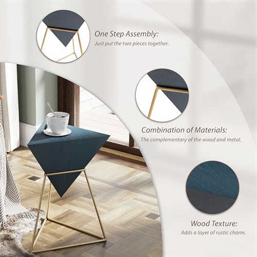 COZAYH Modern Geometric End Table with Wooden Top and Golden Metal Base, Unique Pyramid Side Table Plant Stand for Office, Living Room, Bedroom, Fully Assembled, Triangle, Blue - color: Blue