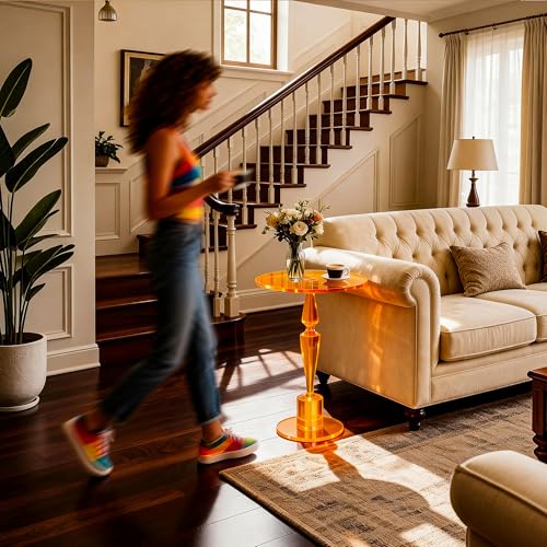 Acrylic Round Side Table, End Table Nightstand Pedestal Table for Living Room, Bedroom, Balcony (Orange, 15.7“×15.7”×21.7“) - color: Orange