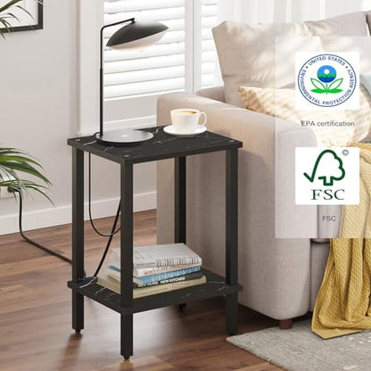 TUTOTAK End Table, Set of 2, Side Table, Nightstand, 2-Tier Storage Shelf, Sofa Table for Small Space, Living Room, Bed Room TB01BMK035 - color: Marble Black