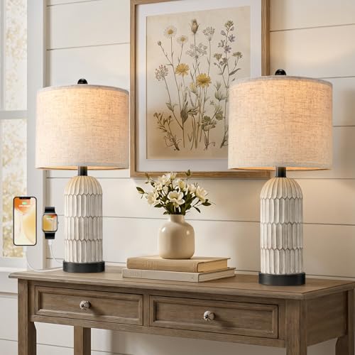 OYEARS 22.5" Bedside Table Lamps Set of 2, Farmhouse Table Lamp with USB A+C Charging Ports,Vintage Nightstand Lamp for Bedrooms and Living Rooms, Retro Resin End Table Lamp with Linen Shade, Black - color: Gray