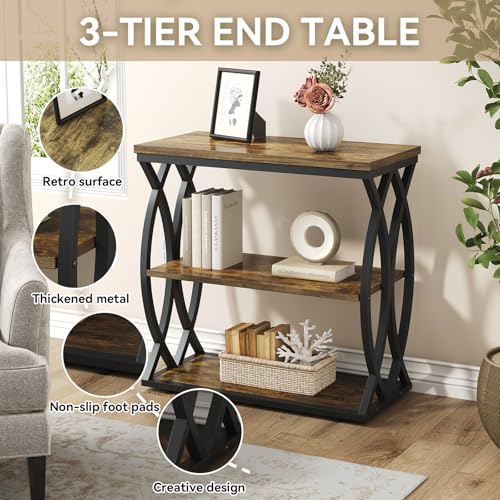 End Table, Narrow Side Table, 3-Tier End Table with Metal Frame, Living Room Side Table with Storage for Couch, Sofa, Bedroom, Small Spaces, Easy Assembly, 23.6"D*11.8"W*23.6"H, Rustic Brown