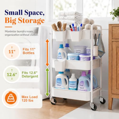 3 Tier Heavy Duty Rolling Cart Metal with Wheels, White Three Tiered roller Shelf Carts on Wheels, Utility Storage Shelves Organizer for Kitchen, Bedside, Laundry, Snack, Craft, Art, Pantry, Nail - color: White